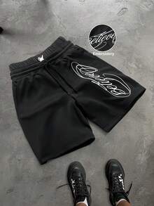PAVTROS Men's Fashionable Versatile Letter Print Drawstring Waist Pocket Shorts - Black - View 1