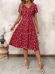 SHEIN Clasi V领收腰前扣A字复古碎花连衣裙 - 紅色 - 查看 5