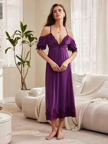 Moireta Women's Elegant Romantic French Charm Lace Patchwork V-Neck Spaghetti Strap Off-Shoulder Comfortable Loose Ruched Purple Nightgown - Purple - View 4