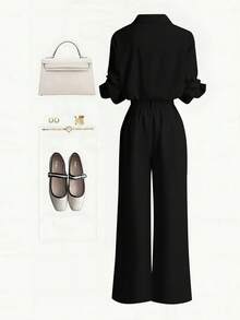 Zovinel New Button-Up Solid Color Shirt And Straight Leg Casual Pants Set - Black - View 2