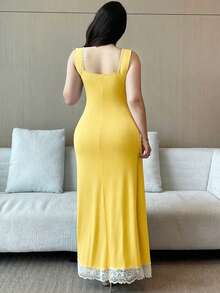 Vibekara Đầm cỡ lớn cổ kim cương, tay áo xếp ly tương phản. - Màu vàng - Xem 2