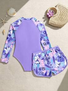 SHEIN Baju Renang Terusan Lengan Panjang Rashguard untuk Remaja Perempuan dengan Celana Pendek, Set 2 Potong Baju Renang Motif Bunga Ungu, Merah Muda, Musim Panas, Pantai, Liburan, Pakaian Liburan - Purple - View 2