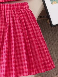Tween Girls Plaid Sleeveless Shirt Paired With Plaid Pleated Mini Skirt - Hot Pink - View 4