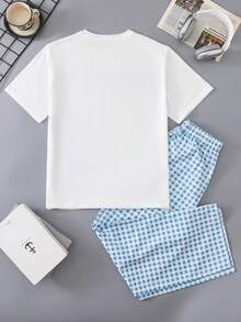 SHEIN 两件套青少年男童休闲字母标语印花短袖T恤和格子裤套装，家居服，简约百搭，适合通勤、上学、日常休闲、修身、度假、户外派对、秋冬季穿着。 - 彩色 - 查看 2