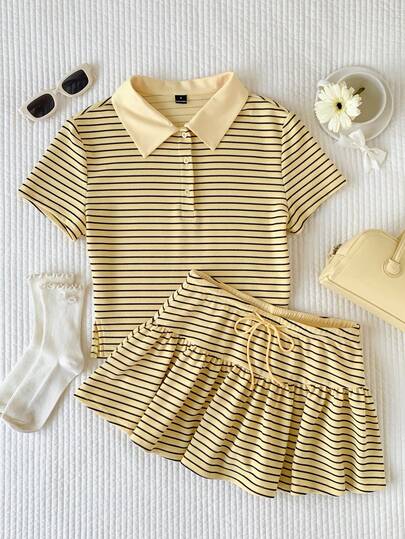 Comfortcana Women's Casual Vacation & Commute Striped Print Short Sleeve Polo Shirt And Drawstring Waist Skirt Set, Summer