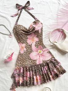 SHEIN 少女休闲豹纹碎花吊带连衣裙 - 彩色 - 查看 1