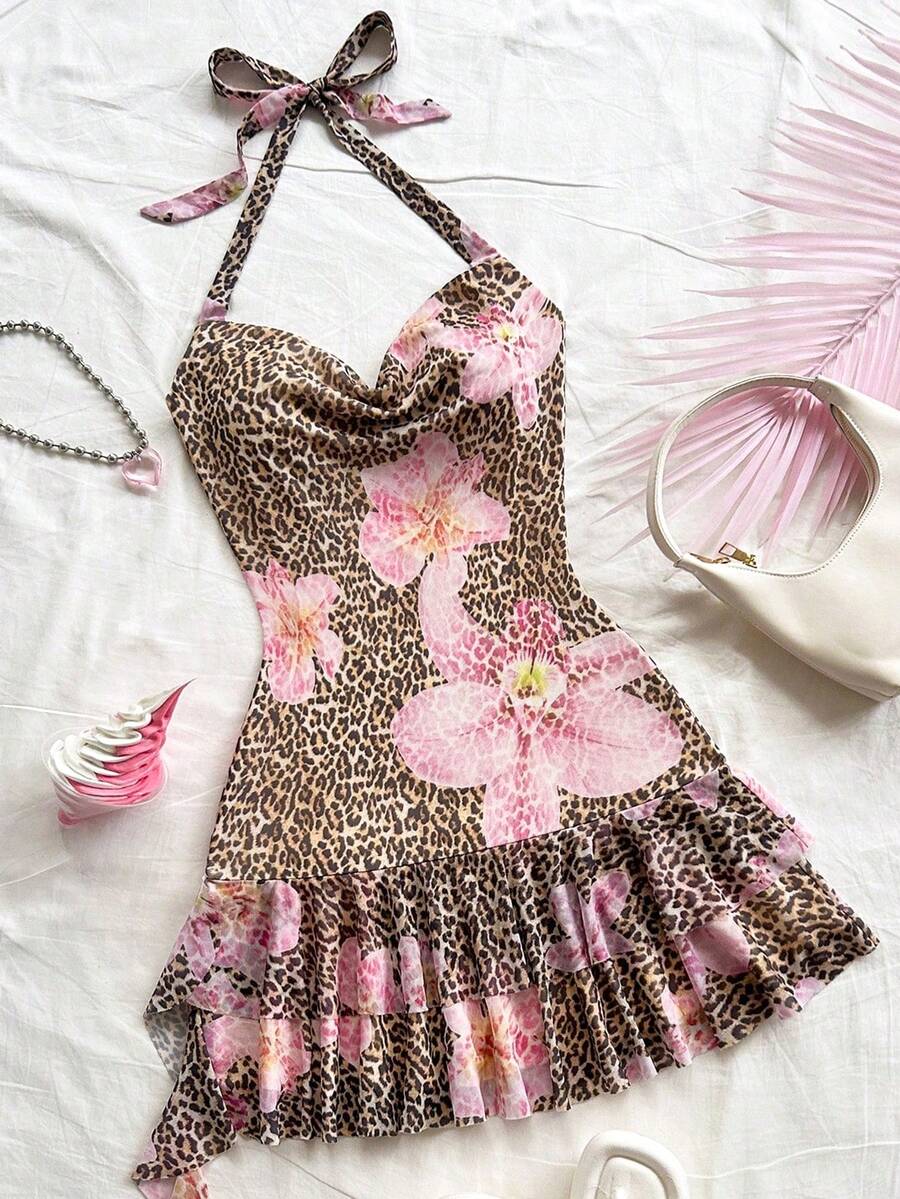 SHEIN 少女休闲豹纹碎花吊带连衣裙 - 彩色 - 查看 1