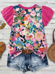 Linhara Plus Size Colorful Floral Print Short Sleeve Shirt - Hot Pink - View 2