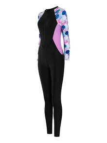 SHEIN Maiô Estampado com Floral Tropical e Zíper na Frente, Manga Raglan, para Adolescentes, Adequado para Mergulho, Surfe, Natação Atlética, Rashguard de Mangas Longas Sólida e Ajustada, Estilo Conservador Adequado para Verão, Praia, Piscina, Férias - Multicolorido - Visão 4
