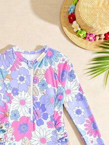 Bộ đồ bơi liền thân họa tiết hoa thiết kế mới cho bé gái tuổi teen - Màu tím - Xem 3