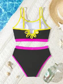 SHEIN Casual Backless Floral Cutout Design Tween Girls Camisole Bikini Top - Black - View 2