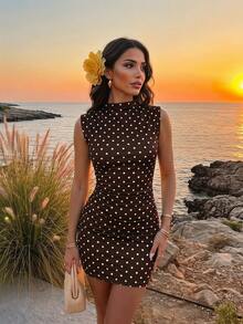 Elegant Sexy Brown Polka Dot Print Sleeveless Ruched Bodycon Mini Dress, Suitable For Spring, French Vacation Style - Brown - View 3