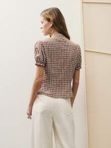 Nöista Women's Plaid Versatile Button Ruffle Hem Blouse - Brown - View 2