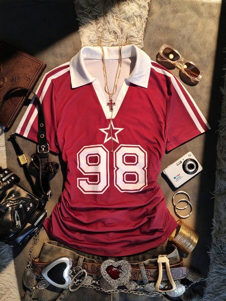 Glimmora Áo polo tay ngắn in họa tiết phong cách retro thập niên 2000 dành cho nữ, thời trang và thoải mái, phù hợp với xu hướng hiện tại, thích hợp cho mặc hàng ngày, dự tiệc và các lễ hội âm nhạc. - Nhiều màu - Xem 1