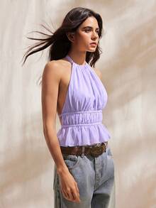 Easelle Women's Pleated Halter Tie Back Camisole, Lilac,Summer Top - Lilac Purple - View 4