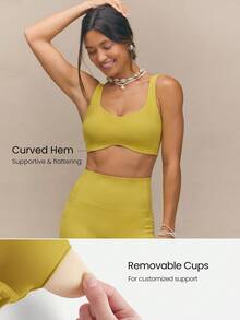 GLOWMODE FeatherFit™-Sculpt Push-Up Compressive Built-In Mesh Straps Removable Cups V-Back Demi Sports Bra Running Workout Gym - Sunlit Yellow - View 5