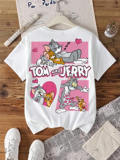 TOM & JERRY X SHEIN Women's Cute Cartoon Pattern & Letter Print Round Neck Short Sleeve T-Shirt