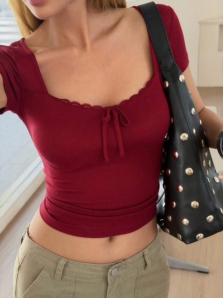 Women's Summer Square Neck Fitted Short Sleeve Lace Patchwork Drawstring Casual Sexy Pullover T-Shirt Cute Tops