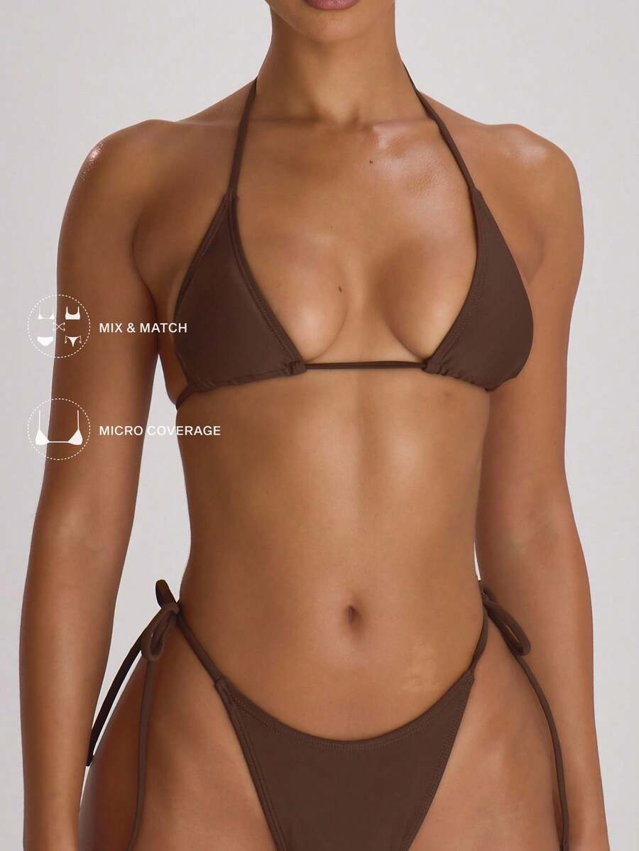 Musera Resort Top de biquíni micro triangular com amarração no pescoço, ideal para férias, verão e viagens na praia. Peça básica em cor sólida para resorts. - Marrom Chocolate - Ver 1