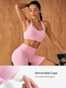 GLOWMODE Ultrafine Soft Seamless Halo Ribbed Support Open Back Thick Straps Halter Sports Bra With Removable Cups Workout Gym - Pink - View 4