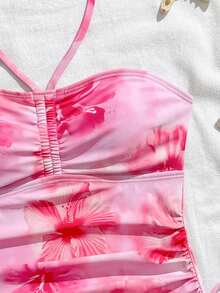 SHEIN 2件装女童热带花卉图案弹力速干舒适针织面料连体泳衣（适合青少年女孩），适合海滩、泳池、海边、冲浪、度假、夏季旅行 - 淺粉色 - 查看 5