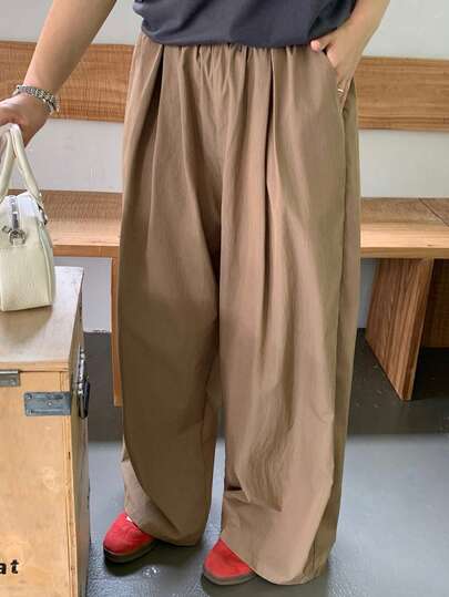 Dazy Plus Elastic Waist Loose Wide Leg Pants, Casual Trousers/Culottes, Versatile Spring/Summer Plus Size Women