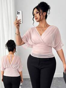 Elenzga Plus Size Women's Fashion Sheer Shirred Blouse - Pink - View 1