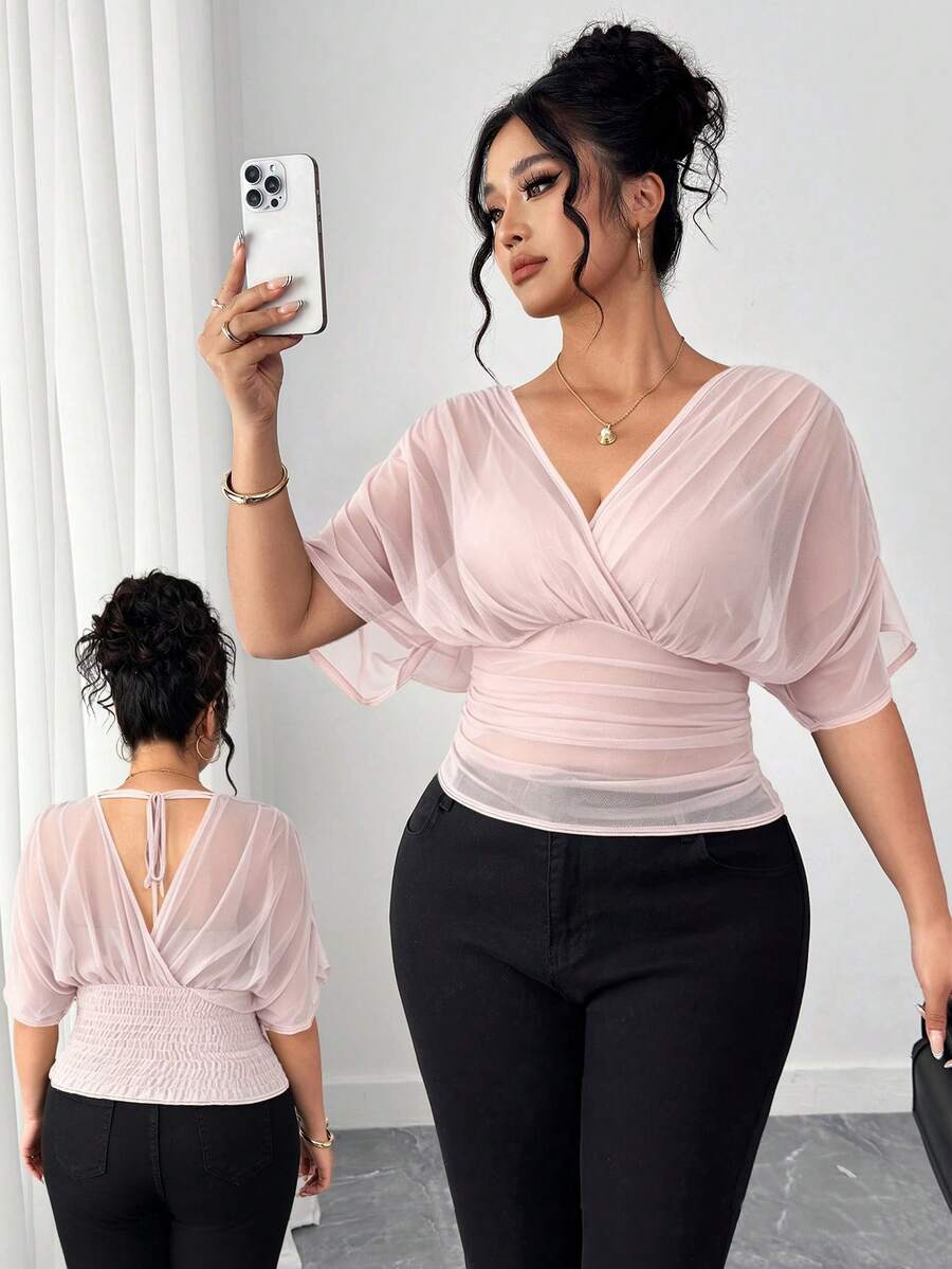 Elenzga Plus Size Women's Fashion Sheer Shirred Blouse - Pink - View 1