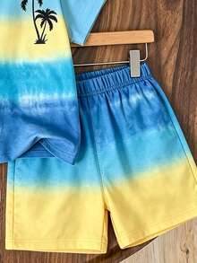 两件套休闲舒适百搭男童运动套装，多巴胺度假风，渐变椰树印花设计，适合春夏穿着，时尚休闲，返校季必备，适合户外野餐、街头摄影、校园、节日、度假等场合，也是一份贴心的礼物。 - 彩色 - 查看 4