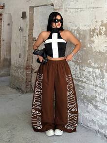 POPSWAY Plus Size Elastic Waist Pants Set With Letter Print, Women Street Style - Brown - View 5