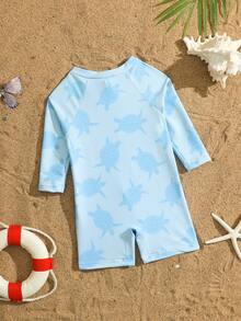 SHEIN 新生儿/婴儿男童拉链前开式防晒泳衣，夏季海滩度假套装 - 淺藍色 - 查看 2