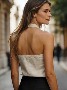 Balvessa Áo tank top không tay cổ yếm chéo dành cho nữ, có cúc vàng phía trước, xẻ tà thắt eo, khuy cài phía sau và cúc hình nấm, kiểu dáng thanh lịch, thích hợp cho công sở. - Màu be - Xem 2