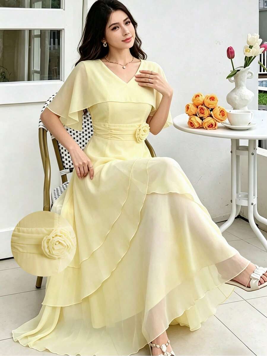 Modelyn Vestido de gasa con cuello en V y volantes con estampado floral, amarillo - Amarillo - Ver 1