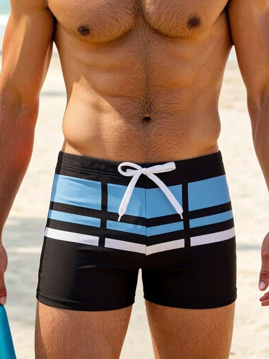Palasendo Bañador de playa/natación para hombre con rayas, color de contraste, cintura con cordón, para vacaciones - Negro - Ver 1