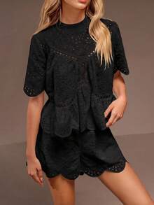 SHEIN Unity Black Summer Elegant Tea Party Hollow Embroidered Lace Splice Ruffle Hem Shirt & Elastic Waist Ruffled Shorts Two Pieces Set,Vintage Academic Style - Black - View 5