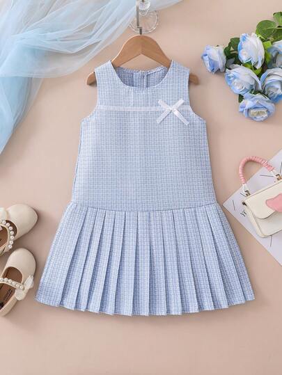 SHEIN Elladie kids Girls' Dress With Bowknot Print, Flocked Fabric, 3D Bow & Flower Decor, Pleated Skirt, Cute Kids Clothing Suitable For Daily Wear, Birthday, Party And Other Occasions