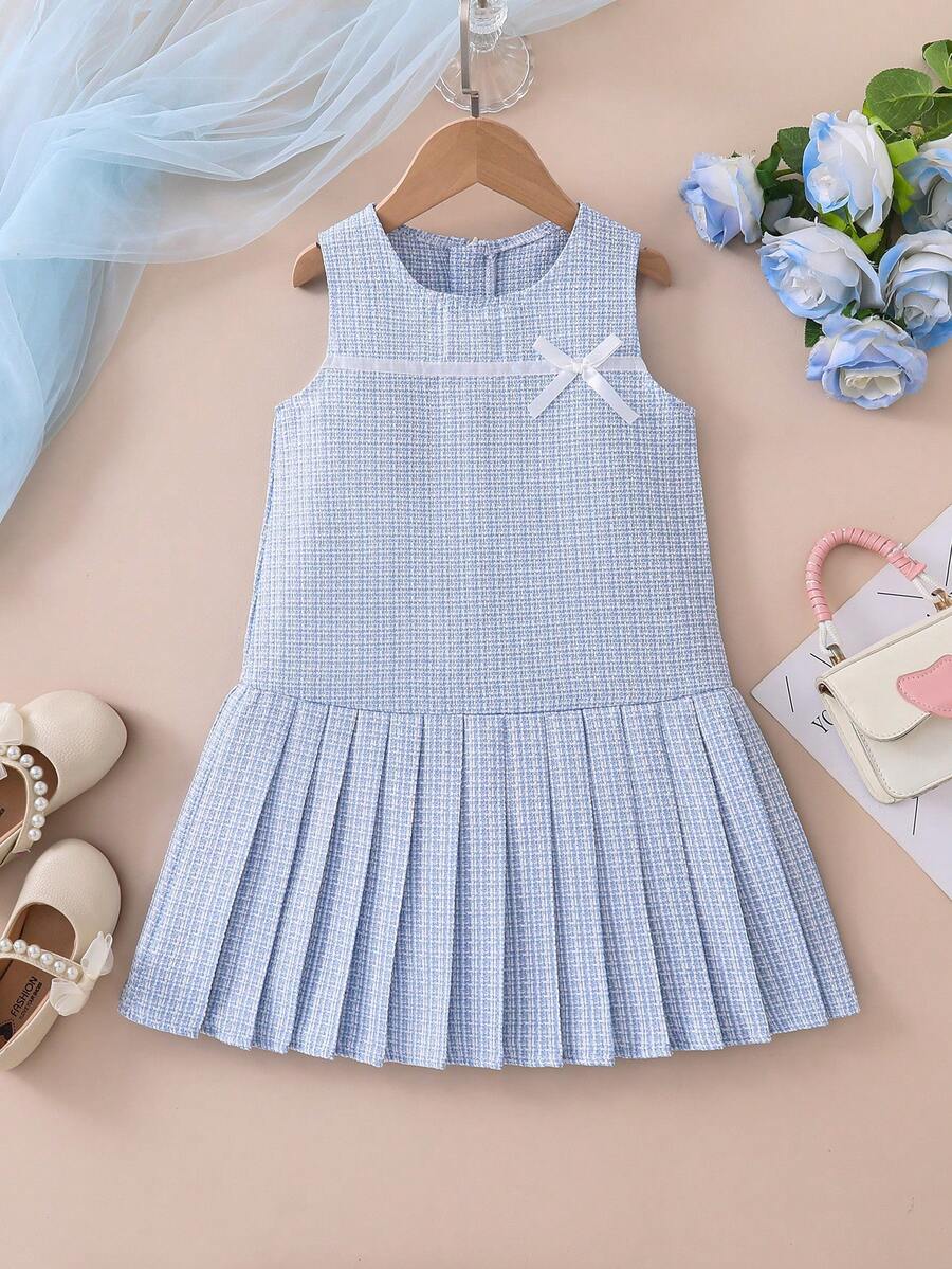 SHEIN Elladie kids Đầm bé gái in nơ, vải nhung, nơ và hoa 3D trang trí, chân váy xếp ly, quần áo trẻ em dễ thương phù hợp cho mặc hàng ngày, sinh nhật, tiệc tùng và các dịp khác. - Màu xanh lam - Xem 1