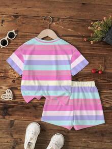 DORA | SHEIN Bộ đồ thường ngày cho bé gái, áo thun ngắn tay cổ tròn kẻ sọc và quần short, hiệu DORA. - trắng - Xem 2