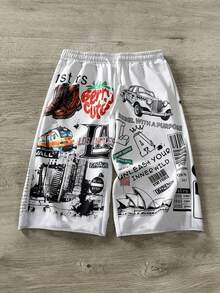 Manfinity EMRG Men's Loose Drawstring 3/4 Pants With Large Floral & Slogan Print, Fashionable Streetwear Style, Trending INS Design, Essential For Spring/Summer - Grey - View 4