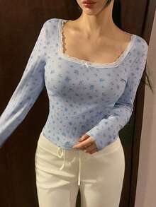 DAZY Camiseta casual de manga larga con ajuste ceñido, adorno de encaje y estampado floral para mujer, ideal para el verano - Azul - Ver 6