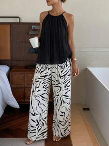 DAZY Women Solid Color Halter Top & Full Print Pants Pajama Set - Black - View 1