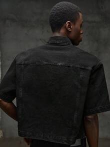 NEON BLANC Men's Short Sleeve Button Design Casual Denim Shirt - Black - View 6