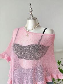 SHEIN EZwear 大码女式橄榄绿钩针编织披肩，荷叶边下摆，休闲半透明，适合外出和约会 - 淺粉色 - 查看 3