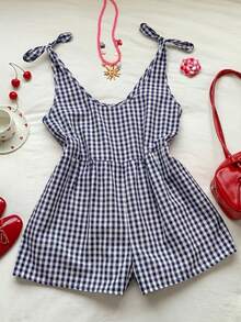 SHEIN EZwear Navy Plaid Casual Vacation Romper - Navy Blue - View 8