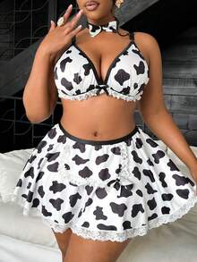 Fantasy Costume Fantasy Costume Conjunto de lencería de talla grande (Sujetador sin aros, Tanga, Mini falda, Gargantilla) 4 piezas - Blanco y Negro - Ver 6