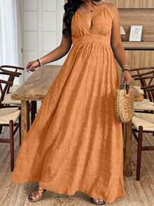 Weeklong Plus Size Women Summer Spaghetti Strap Textured Belt Beach Vacation Dress - Orange - View 6