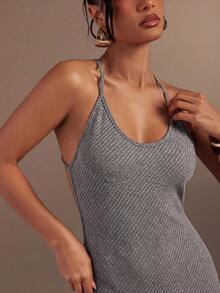 Hauture Vestido de verano con abertura y espalda descubierta acanalado y sexy para mujer - Gris - Ver 4