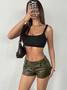 SHEIN PETITE 女款純色拉鍊前開襟休閒短褲，極短褲，適合嬌小女性 - 墨綠色 - 查看 4