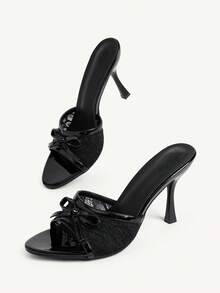 CUCCOO CHICEST 女士时尚高跟凉鞋，蝴蝶结猫跟PU材质，四季皆宜，通勤优雅百搭，适合节日、办公室、户外、日常穿着。 - 黑色 - 查看 4