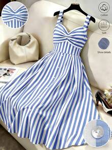 GlowEve CURVE Plus Size Summer Casual Striped Camisole Dress - Blue - View 1